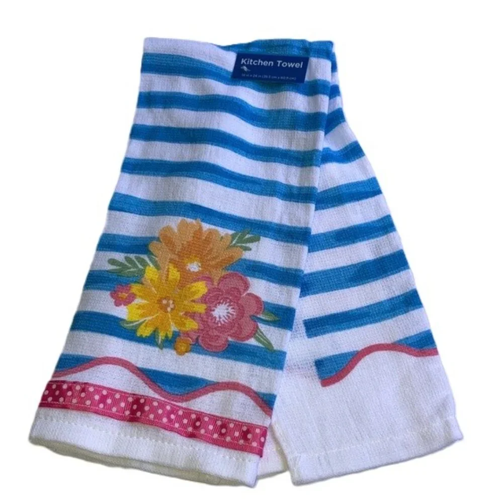 FLOWERS IN BLOOM Kitchen Towel NAUTICAL STRIPES FLOWERS NEW 14 x 24 inches